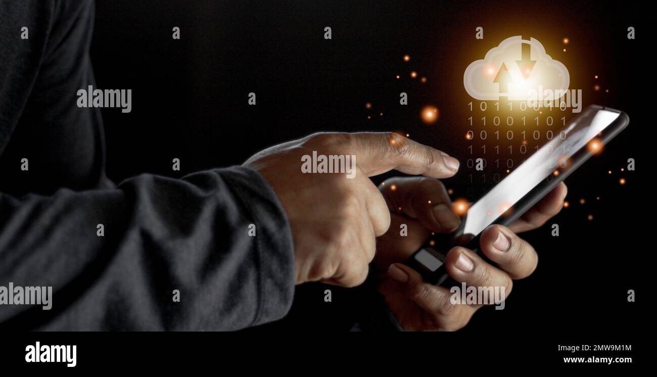 Cloud computing concept - connect to cloud. Businessman or information technologist with cloud computing icon. Stock Photo