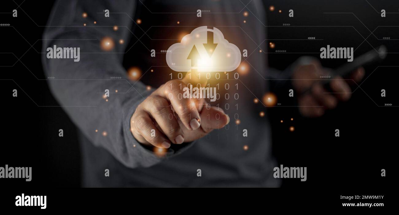 Cloud computing concept - connect to cloud. Businessman or information technologist with cloud computing icon. Stock Photo