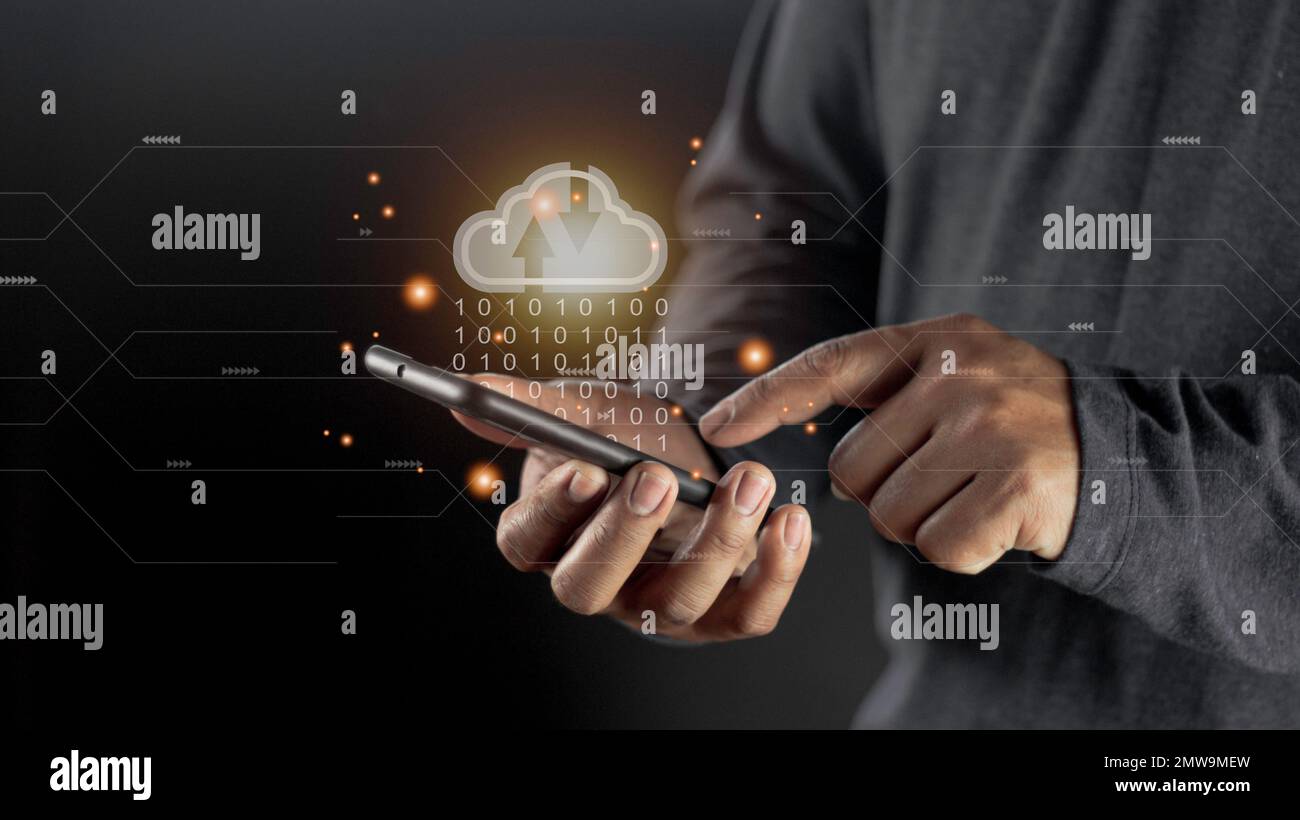 Cloud computing concept - connect to cloud. Businessman or information technologist with cloud computing icon. Stock Photo