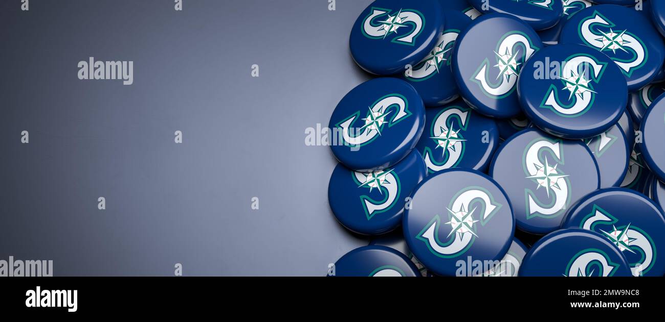 Texas Rangers; Texas; Rangers; baseball; team; mlb; American league; west; logo; sports; blue background; heap; table; web banner; copy space Stock Photo