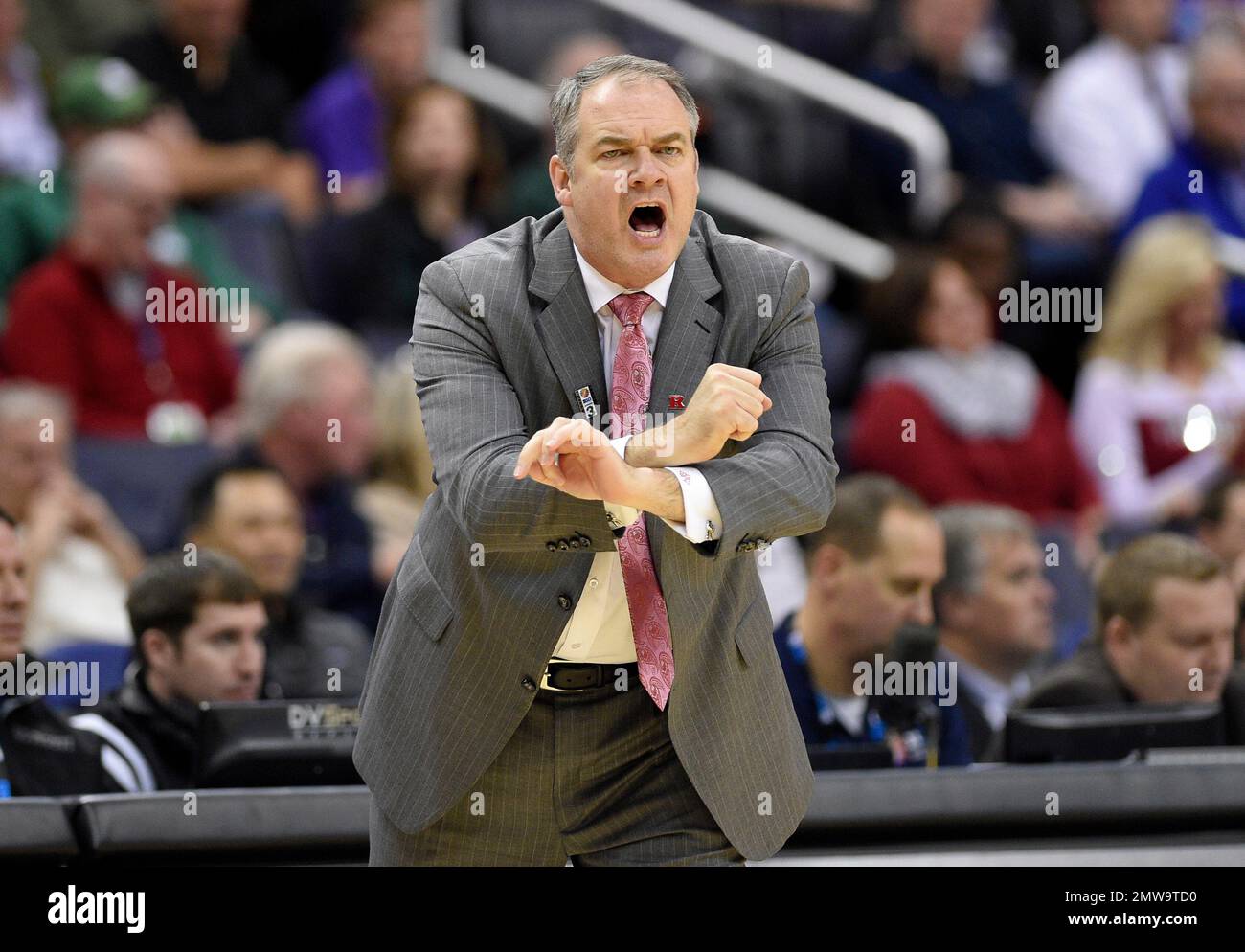 Rutgers head coach Steve Pikiell gestures during the first half of an
