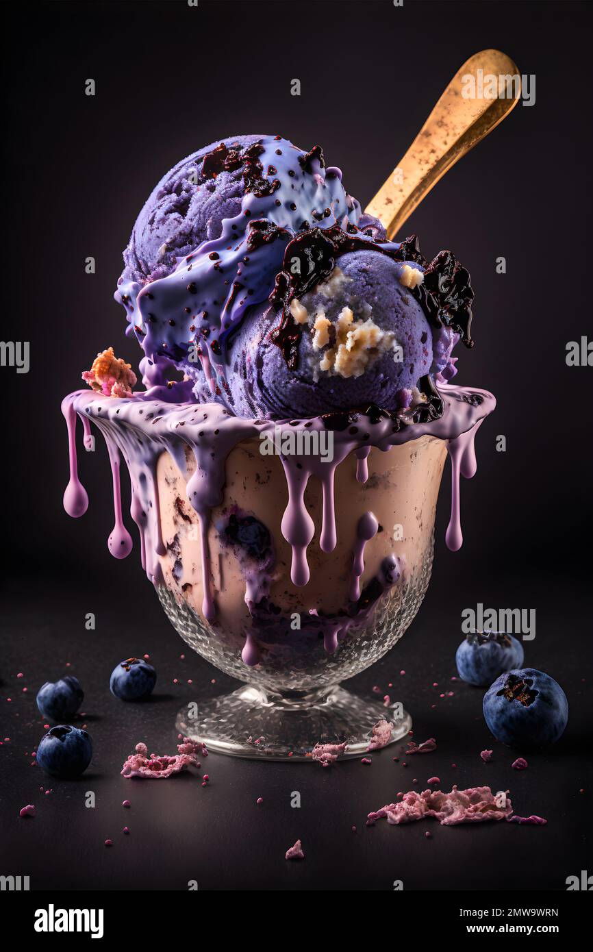 Delicious blueberry ice cream with oozing fruit syrup. Illustration of delicious food Stock Photo