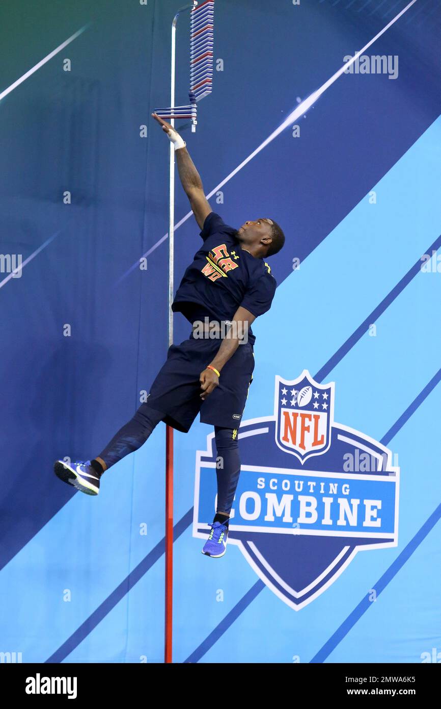 Florida State wide receiver Kermit Whitfield competes in the vertical jump at the 2017 NFL