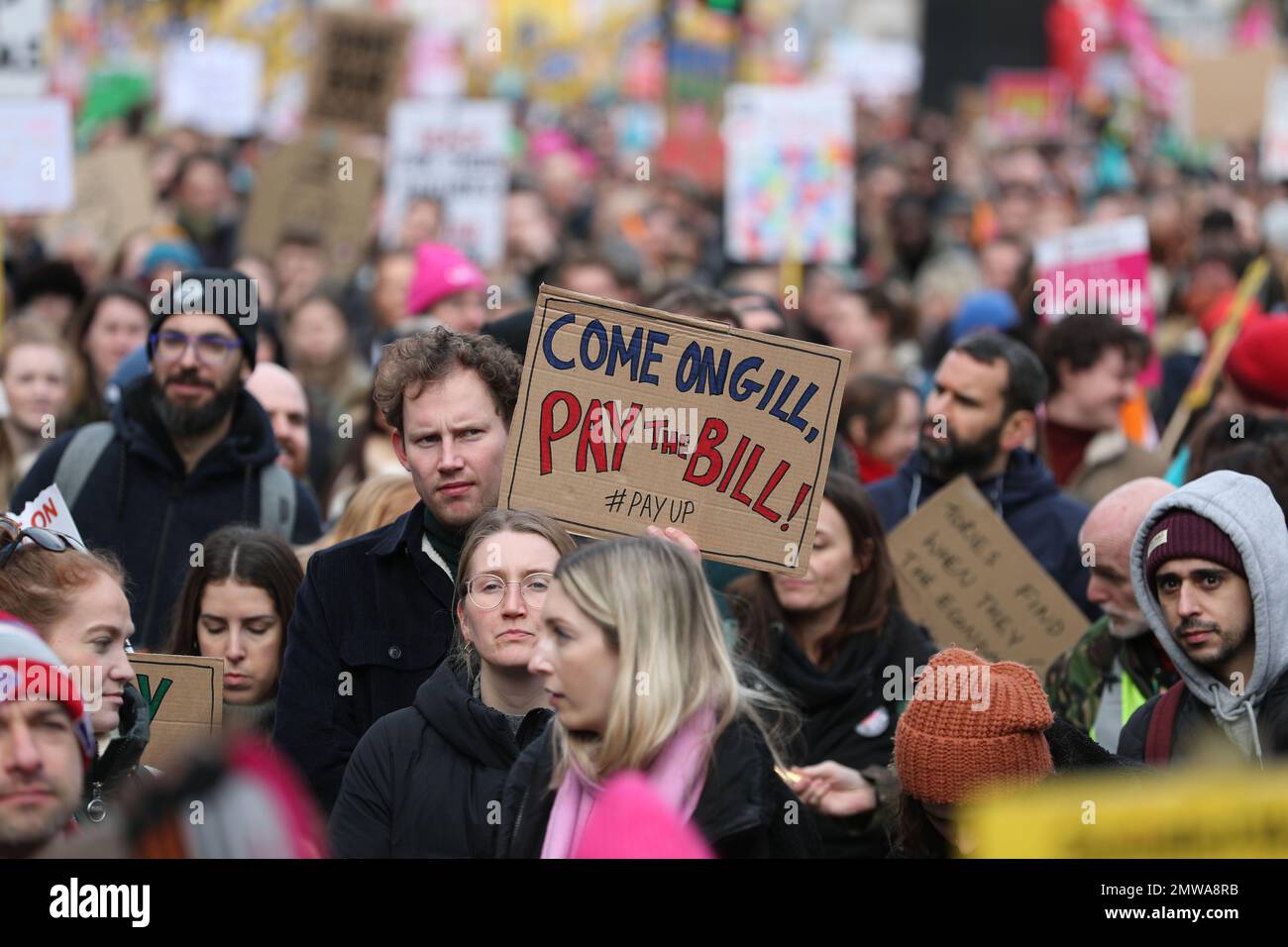 LONDON, 1st February 2023, 40,000 striking union members march through London in protest over pay, job conditions and funding. Stock Photo