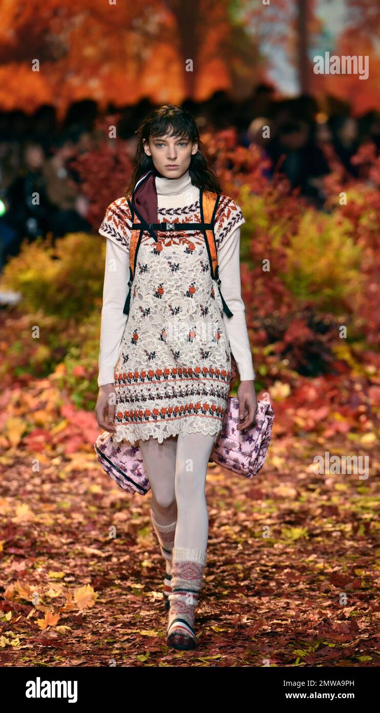 A model wears a creation for Moncler Gamme Rouge Fall Winter 2017 2018 ready to wear fashion collection presented Tuesday March 7 2017 in Paris. AP Photo Zacharie Scheurer Stock Photo Alamy