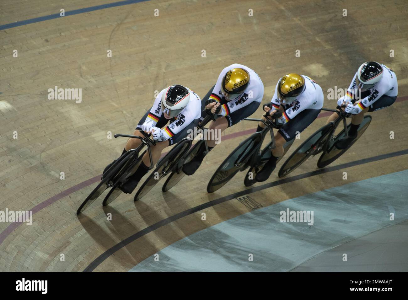 The German Women's squad wins the gold medal in the team pursuit at the UCI Track Cycling World Championships Stock Photo