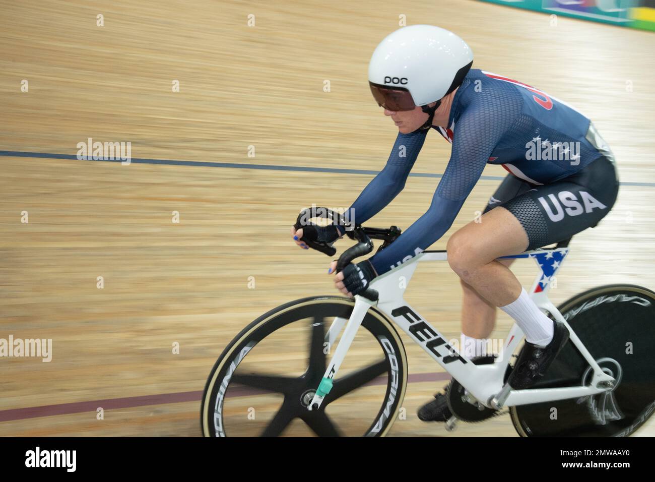 World Champion Jennifer Valente of the United States during the women's omnium at the 2022 UCI Track Cycling World Championships in Paris, France. Stock Photo