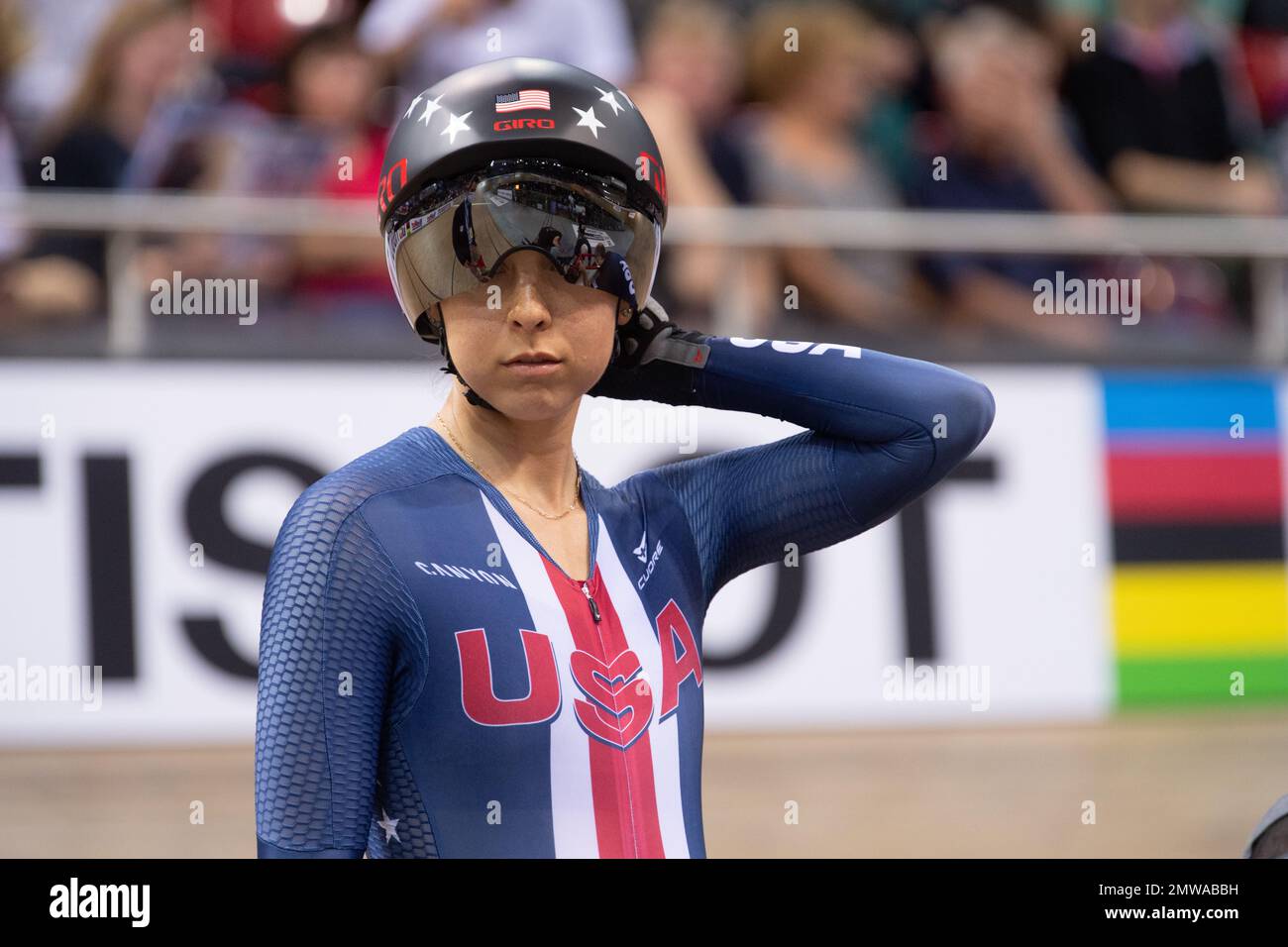Shayna Powless, Team USA cyclist and Native American, competing in the individual pursuit at the 2022 UCI Track Cycling World Championships. Stock Photo
