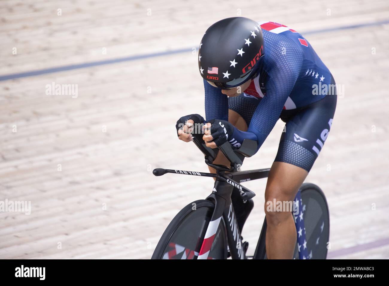 Shayna Powless, Team USA cyclist and Native American, competing in the individual pursuit at the 2022 UCI Track Cycling World Championships. Stock Photo