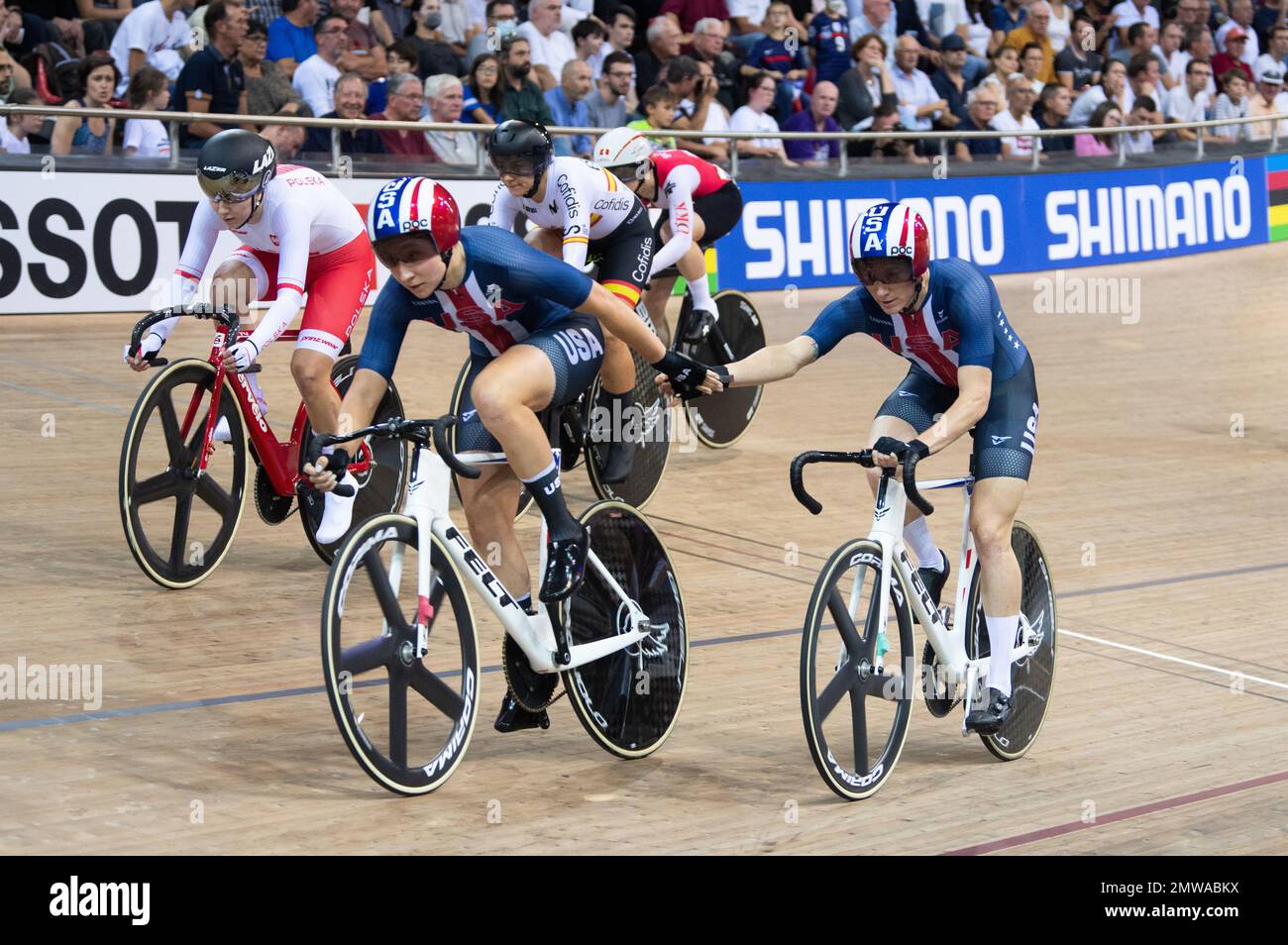 Megan Jastrab and LIly Williams, stars and stripes helmet and skinsuit