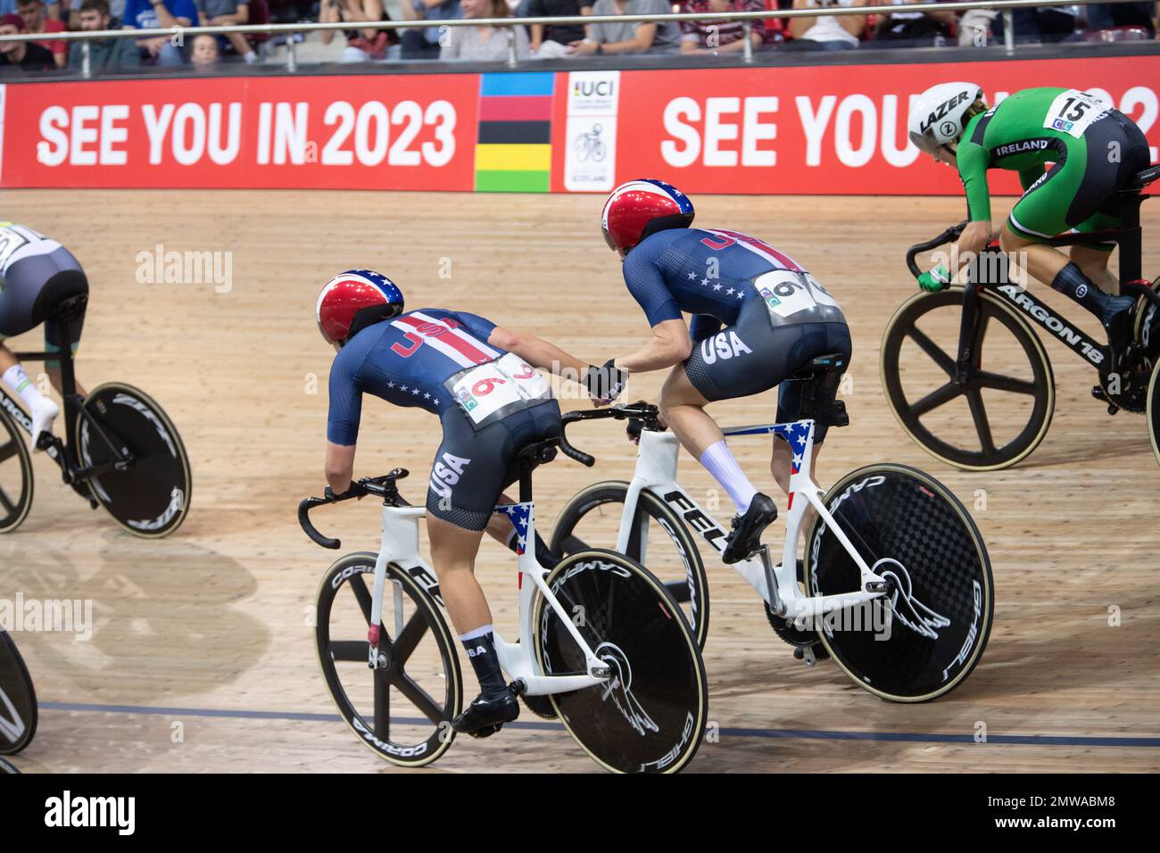 Megan Jastrab and LIly Williams, stars and stripes helmet and skinsuit