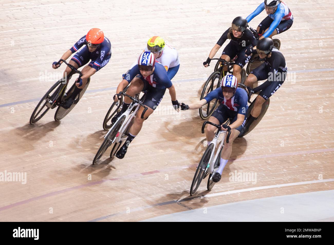 Megan Jastrab and LIly Williams, stars and stripes helmet and skinsuit