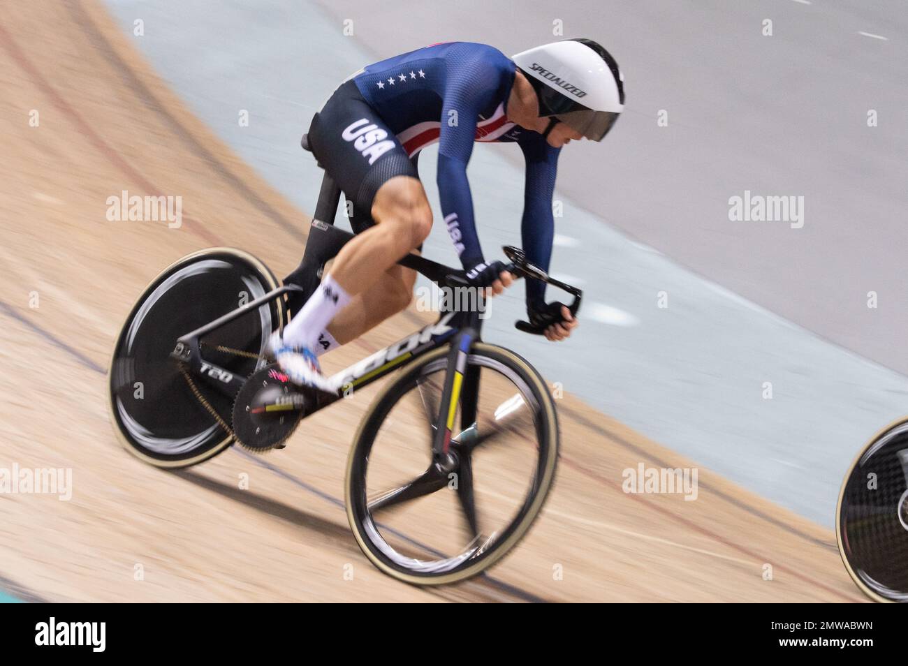 Gavin Hoover of Team USA during the men's points race, 2022 UCI Track Cycling World Championships. Stock Photo