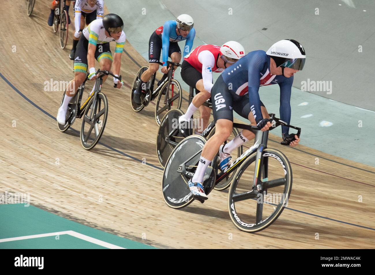 Gavin Hoover of Team USA, blue skinsuit with stars and stripes,  during the men's point race event, 2022 UCI Track Cycling World Championships. Stock Photo