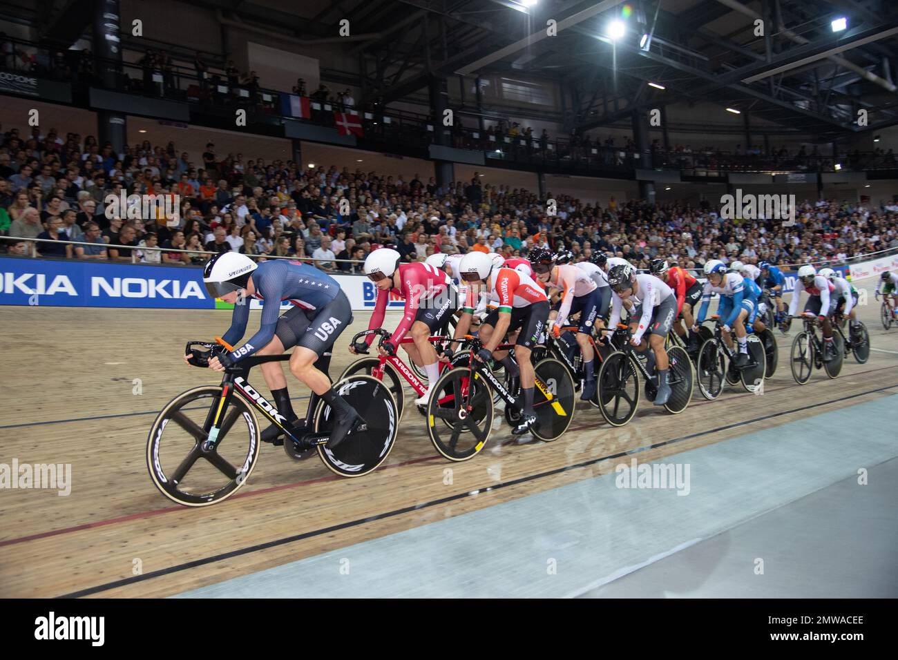 Gavin Hoover of Team USA, blue skinsuit with stars and stripes,  during the men's point race event, 2022 UCI Track Cycling World Championships. Stock Photo