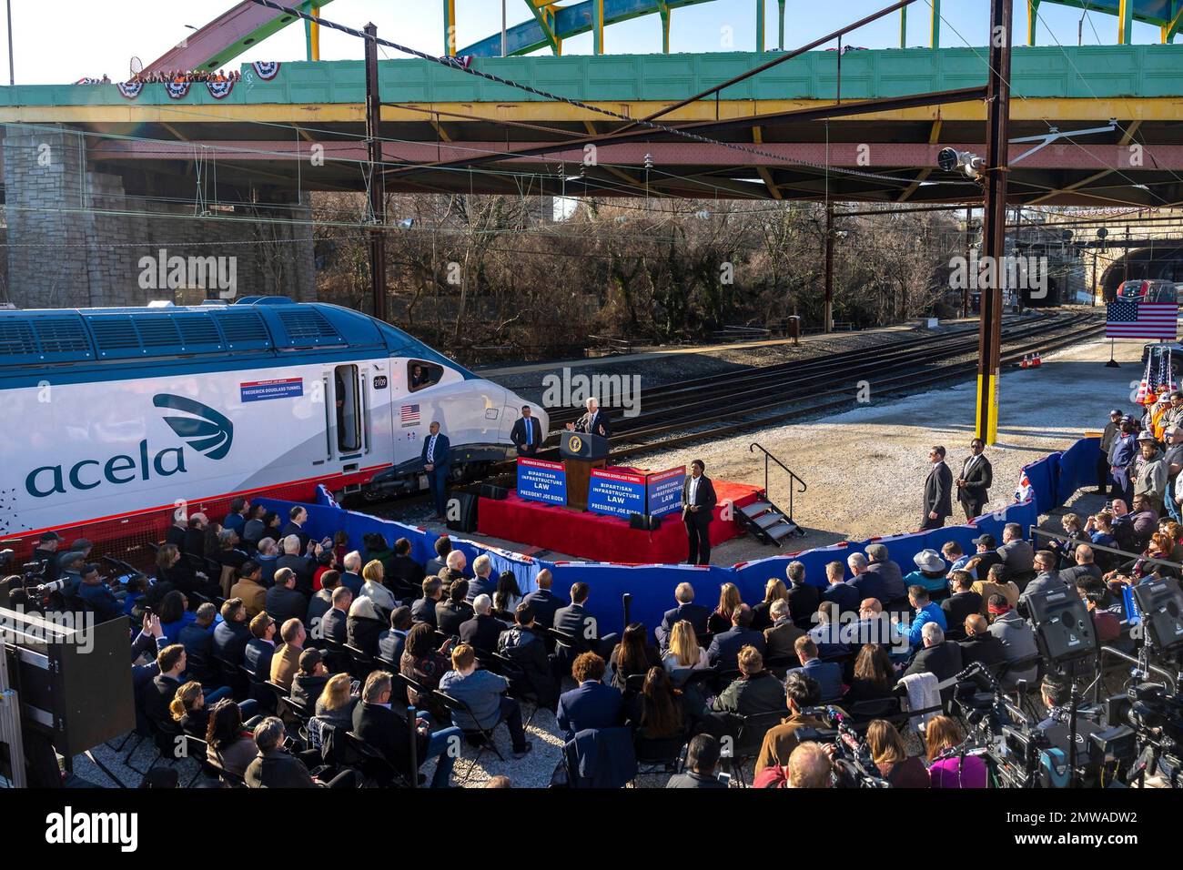Baltimore, United States of America. 30 January, 2023. U.S President Joe Biden delivers remarks during an event announcing the replacement of the 150-year-old Baltimore and Potomac Tunnel at the Falls Road Amtrak maintenance building, January 30, 2023 in Baltimore, Maryland.  Credit: Adam Schultz/White House Photo/Alamy Live News Stock Photo