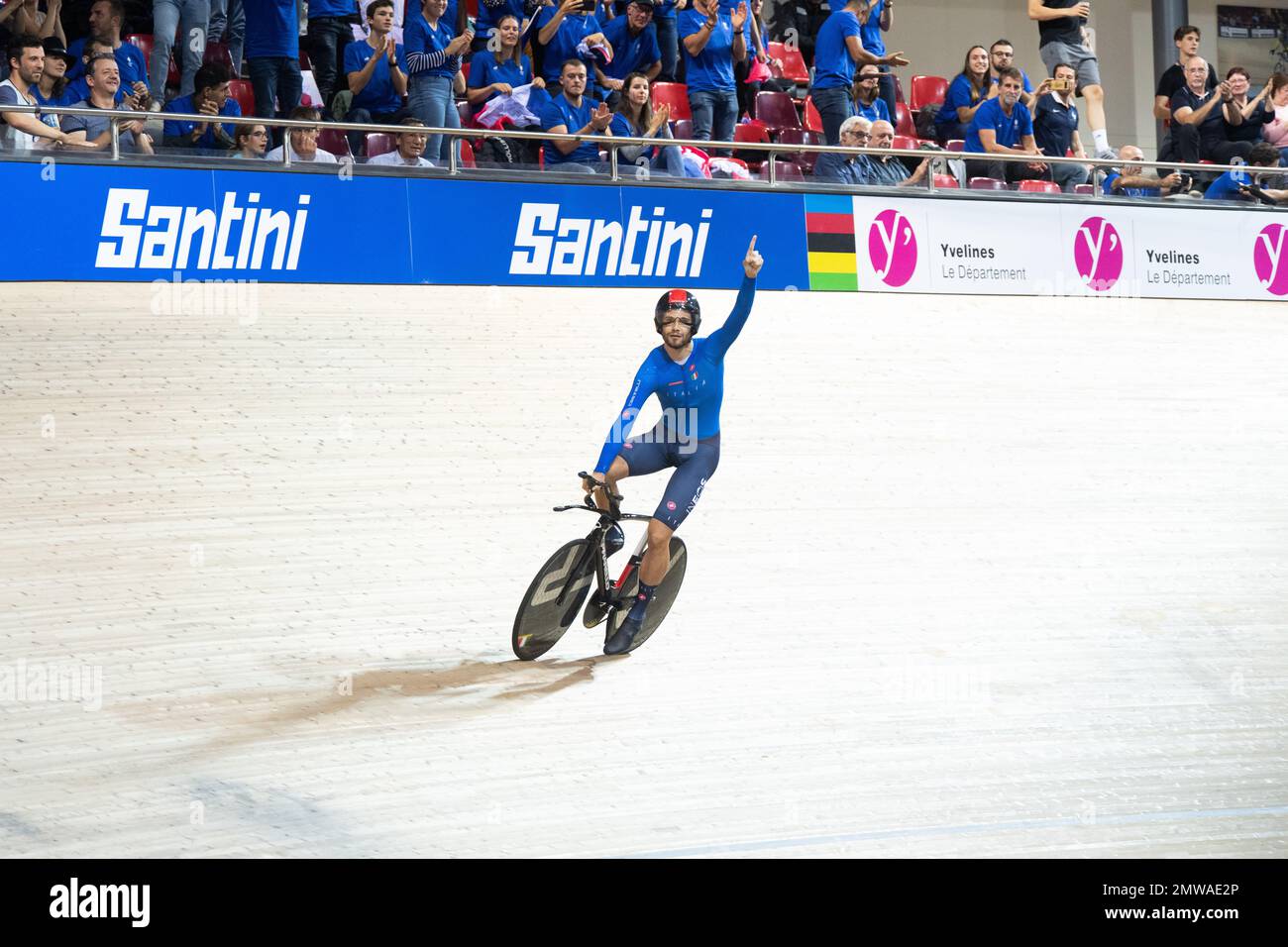 Filippo Ganna of Italy celebrates winning the world championships in the individual pursuit at the 2022 UCI Track Cycling World Championships. Stock Photo