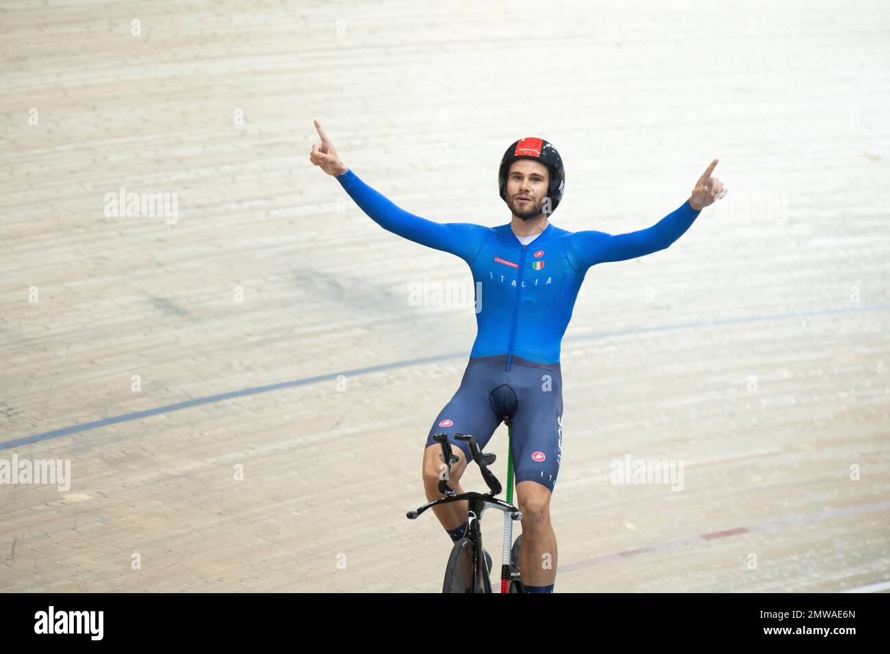 Filippo Ganna of Italy celebrates winning the world championships in the individual pursuit at the 2022 UCI Track Cycling World Championships. Stock Photo