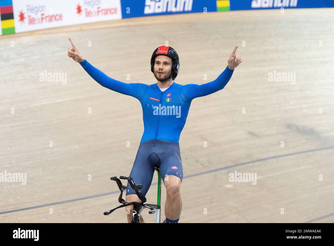 Filippo Ganna of Italy celebrates winning the world championships in the individual pursuit at the 2022 UCI Track Cycling World Championships. Stock Photo