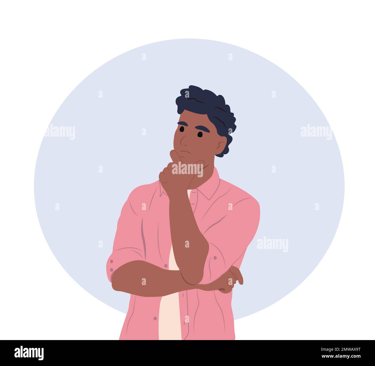 Make a choice, decision concept. Young African American man making a choice, thinking, analyzing. Make a choice, decision concept. Doubt, decide, set Stock Vector