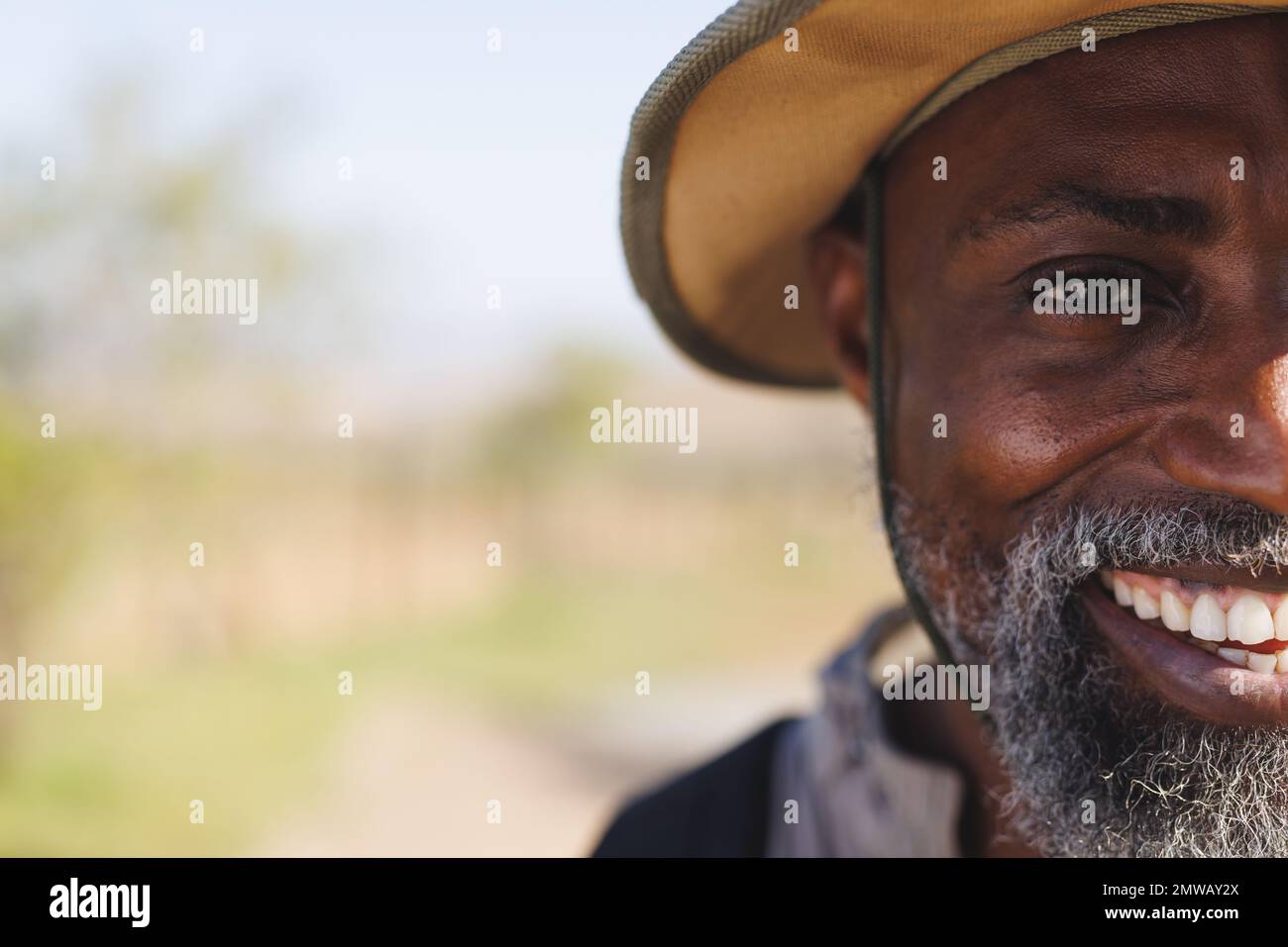 Half face portrait of african american man smiling to camera in nature, copy space Stock Photo