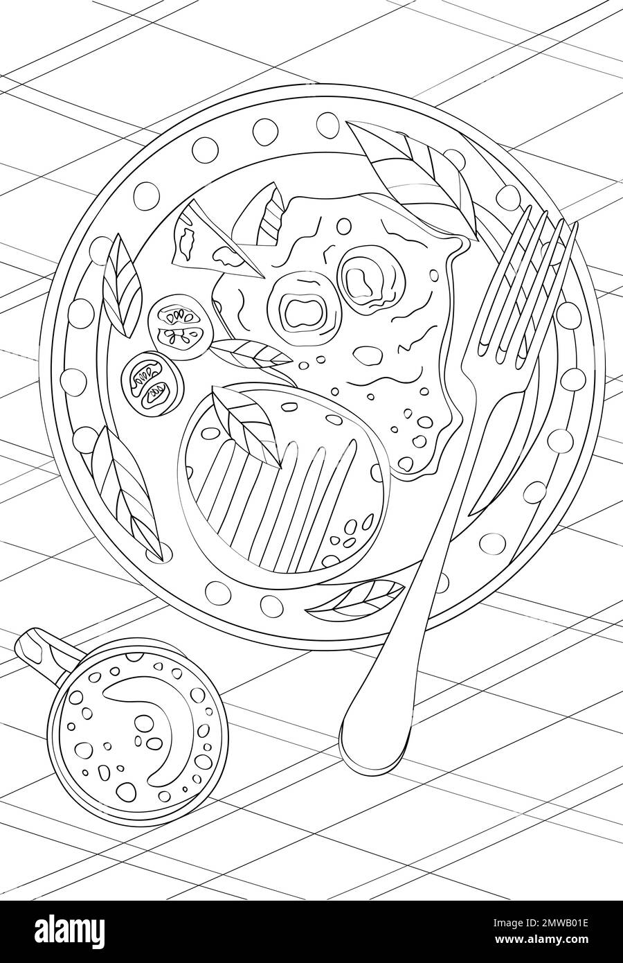 A plate of food and a cup. Vector antistress coloring book. Stock Vector