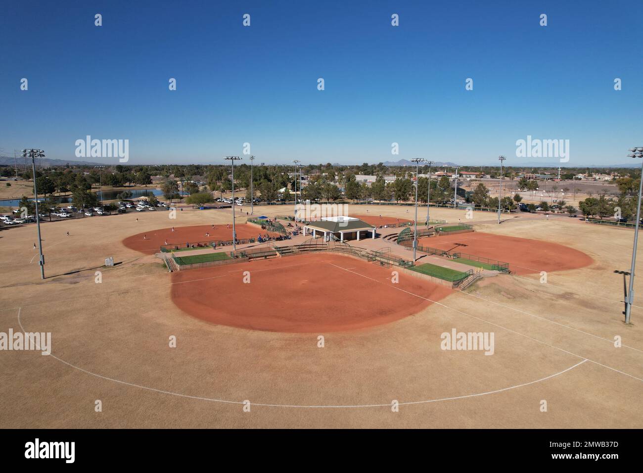 An aerial view of a brown baseball field in Gilbert Park, Arizona Stock