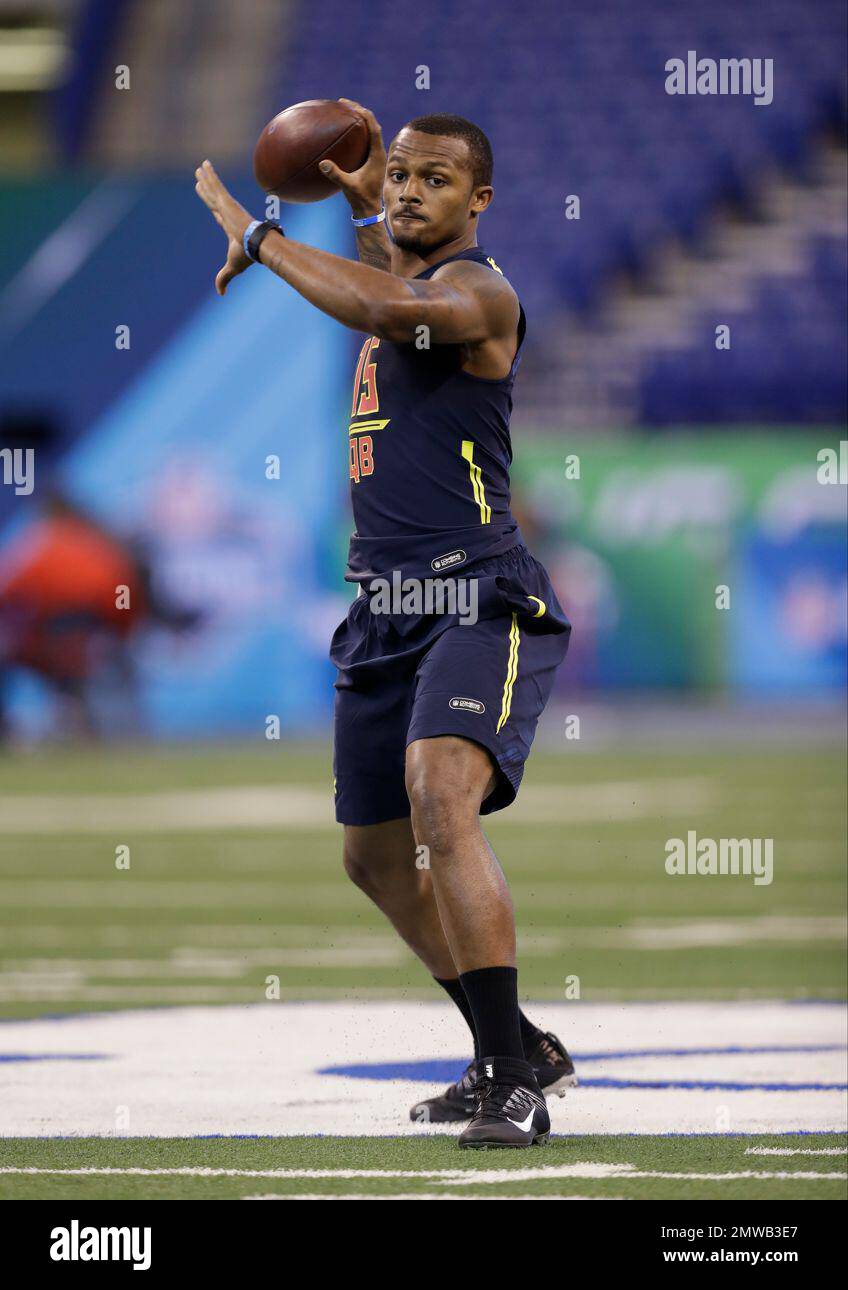 Clemson quarterback Deshaun Watson runs a drill at the NFL football ...