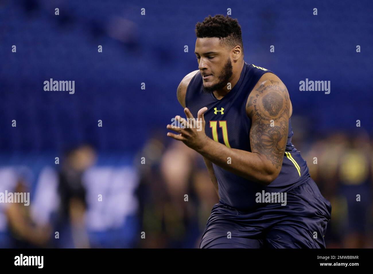 Bucknell offensive lineman Julie'N Davenport runs a drill at the NFL ...