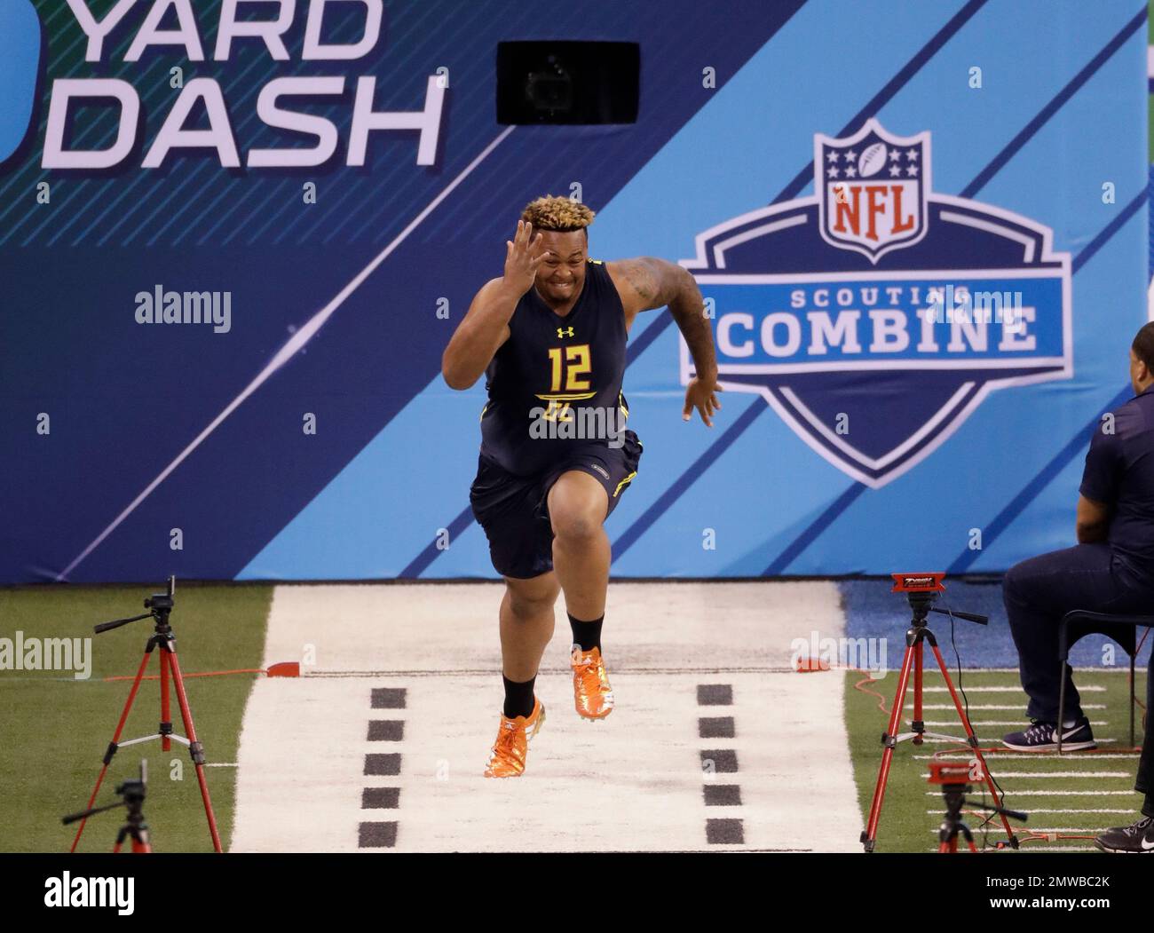 Temple offensive lineman Dion Dawkins runs the 40yard dash at the NFL football scouting combine