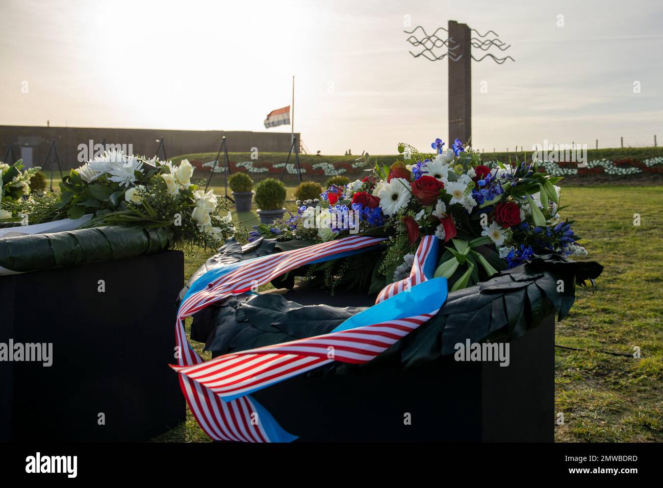 OUWERKERK, THE NETHERLANDS - FEBRUARI 1: The US Memorial wreath during The Flood of 1953 Commemoration at The Watersnoodmuseum (Flood Museum) on February 1st, 2023 in Ouwerkerk, Netherlands (Photo by Peter van der Klooster/Orange Pictures) Stock Photo
