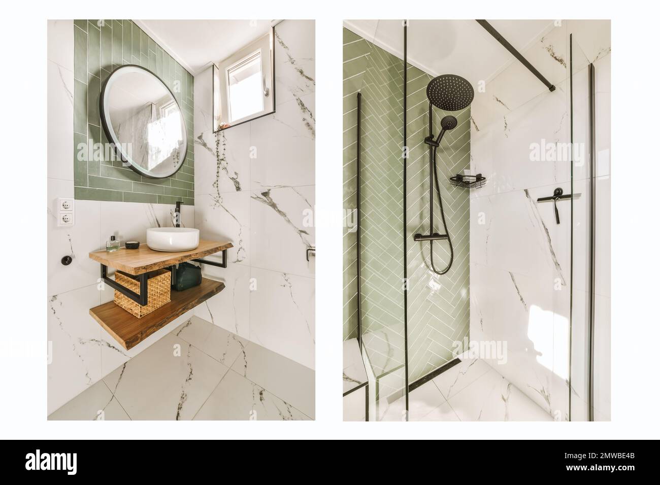 a bathroom with green tiled walls and white flooring, the shower is surrounded by a round mirror on the wall Stock Photo