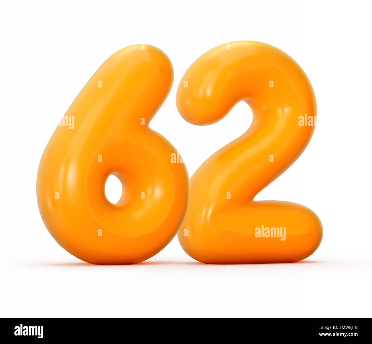 A 3D rendering of glossy orange jelly number 62 isolated on white background Stock Photo