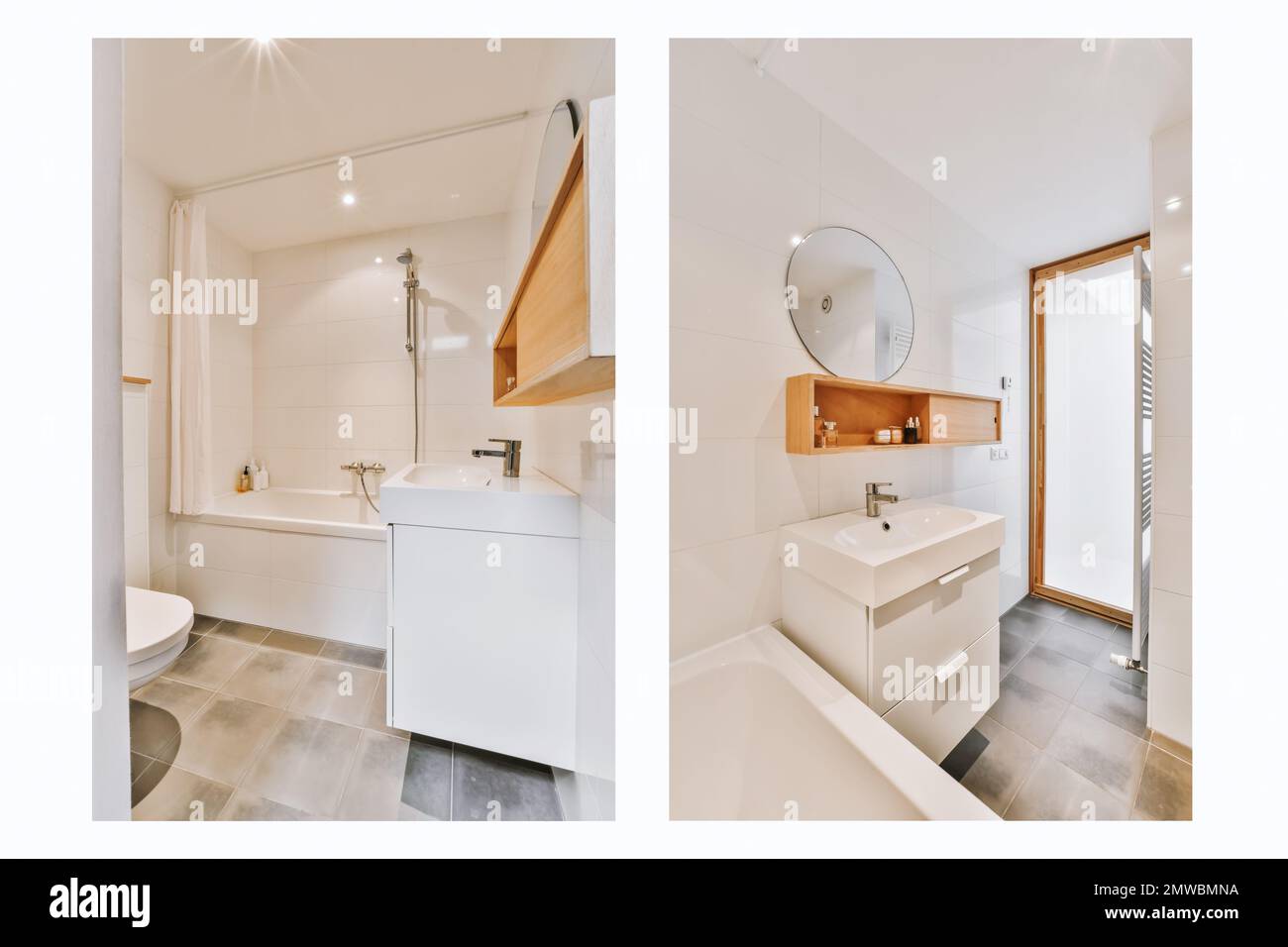 a bathroom with white walls and wood trim around the tub, sink, and