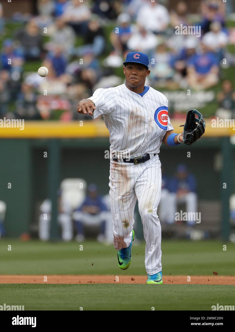 Chicago Cubs Addison Russell makes a play during a spring training baseball game Monday Feb. 27 2017 in Mesa Ariz. AP Photo Morry Gash Stock Photo Alamy
