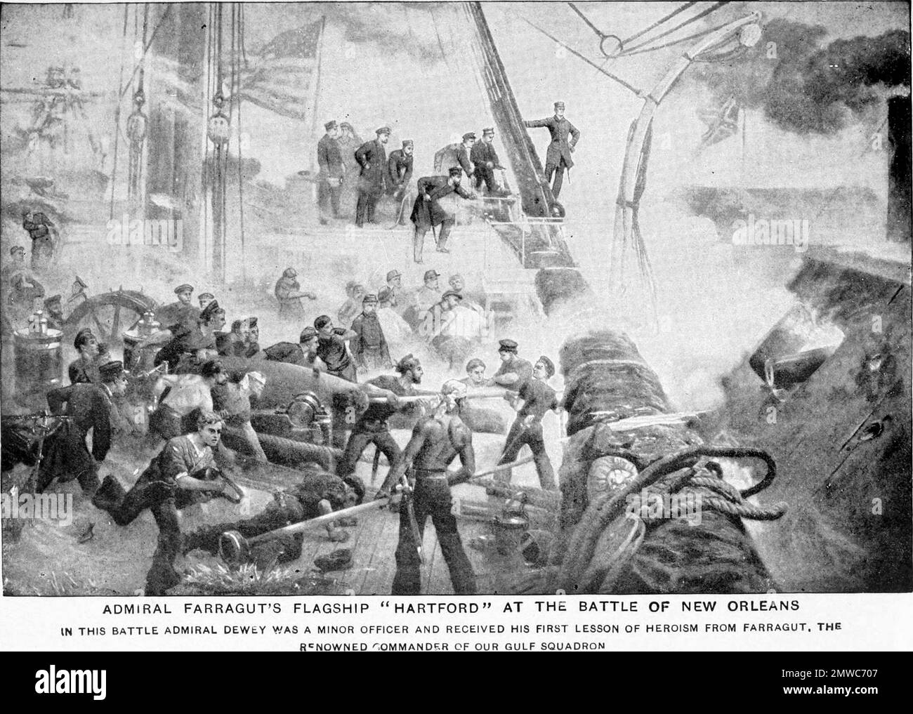 The Battle of Forts Jackson and St. Philip (April 18–28, 1862) was the decisive battle for possession of New Orleans in the American Civil War. The two Confederate forts on the Mississippi River south of the city were attacked by a Union Navy fleet. The bombardment of hte forts was largely ineffective but the passing of Unionist fleet during the night of 24th April 1862 resulted in a battle in which the Confederate fleet was destroyed, and New Orleans fell with no futher fighting. This image depicts the fighting on board Admiral Farragut's flagship Hartford in its close fight with the Confeder Stock Photo