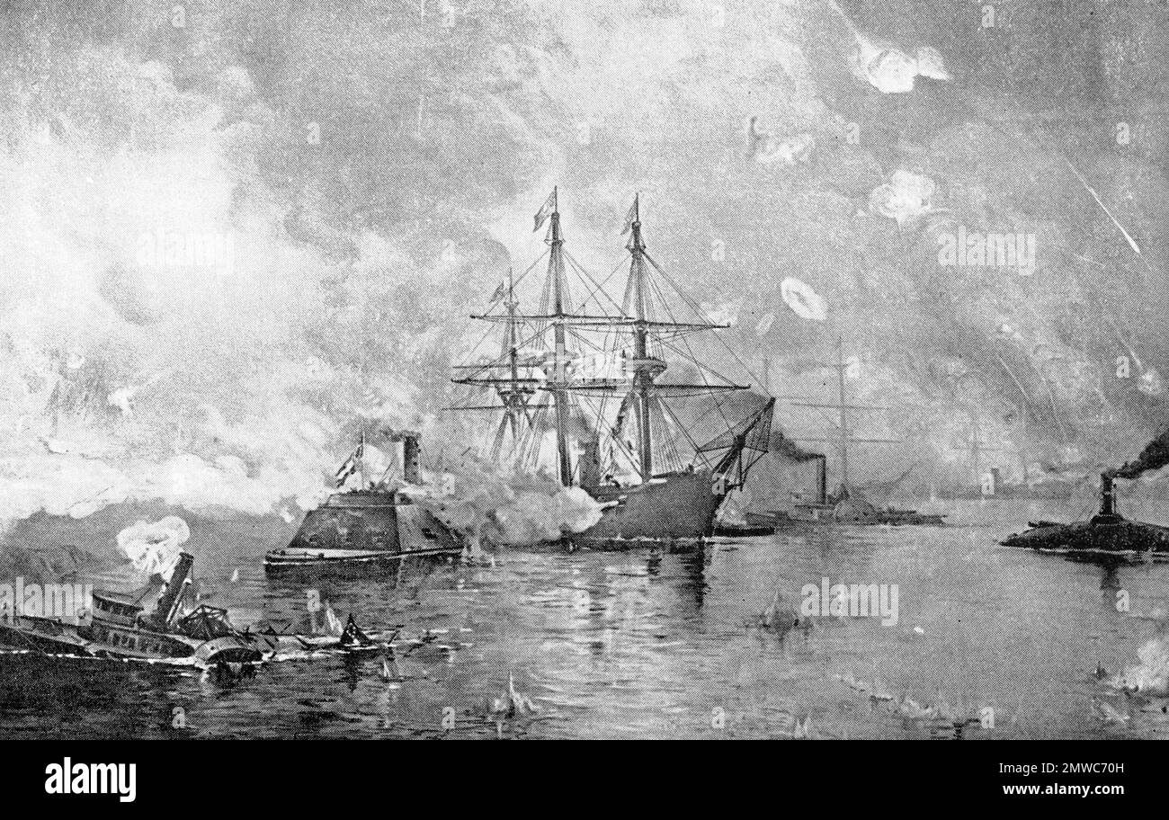 The Battle of Forts Jackson and St. Philip (April 18–28, 1862) was the decisive battle for possession of New Orleans in the American Civil War. The two Confederate forts on the Mississippi River south of the city were attacked by a Union Navy fleet. The bombardment of hte forts was largely ineffective but the passing of Unionist fleet during the night of 24th April 1862 resulted in a battle in which the Confederate fleet was destroyed, and New Orleans fell with no futher fighting. This image depicts the Unionist flagship Hartford in a close fight with the Confederate vessel Manassas. Stock Photo