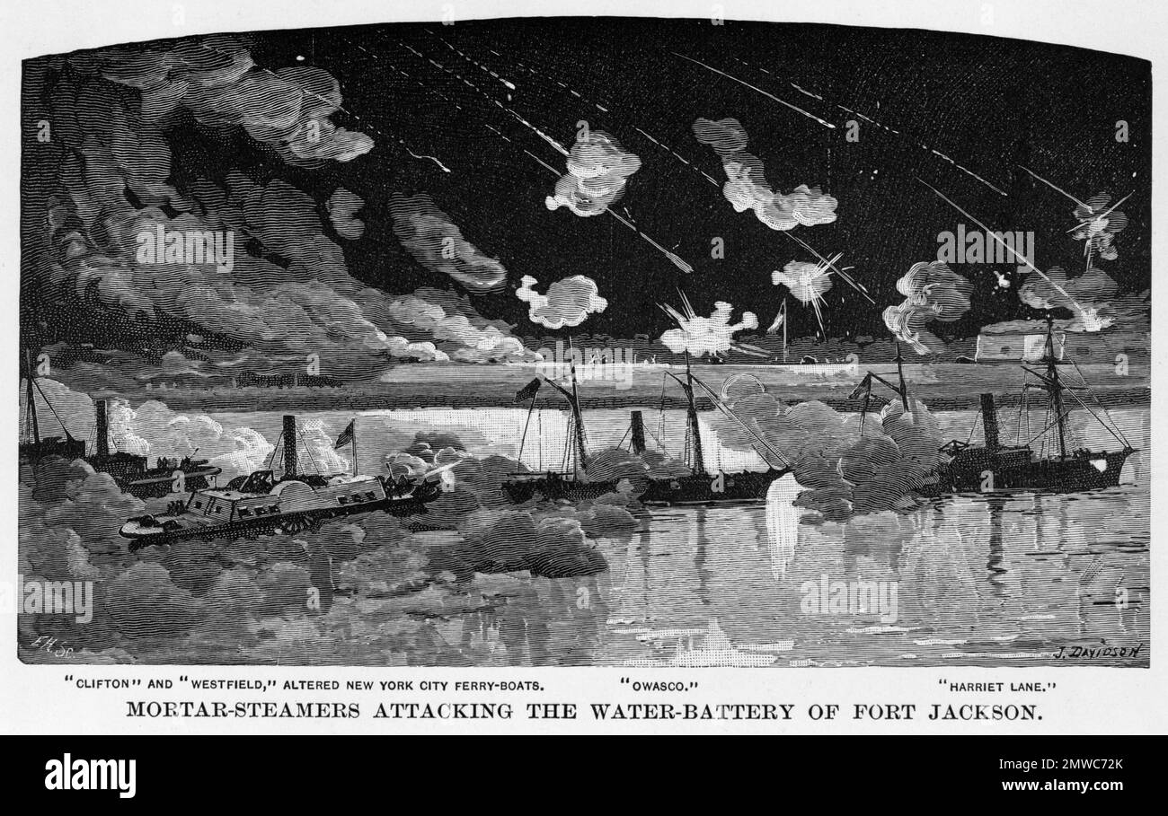 The Battle of Forts Jackson and St. Philip (April 18–28, 1862) was the decisive battle for possession of New Orleans in the American Civil War. The two Confederate forts on the Mississippi River south of the city were attacked by a Union Navy fleet. The bombardment of hte forts was largely ineffective but the passing of Unionist fleet during the night of 24th April 1862 resulted in a battle in which the Confederate fleet was destroyed, and New Orleans fell with no futher fighting.This image depicts the mortar-steamers Clifton, Weston, Owasco and Harriet Lane attacking the water-battery of Fort Stock Photo