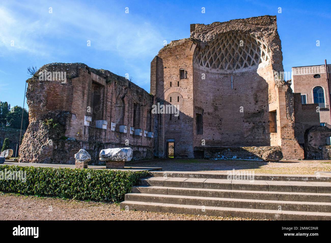 View of historical ruins of Cella of Venus in double temple Temple of Venus and of the City Goddess Roma, Roman Forum, Rome, Lazio, Italy Stock Photo