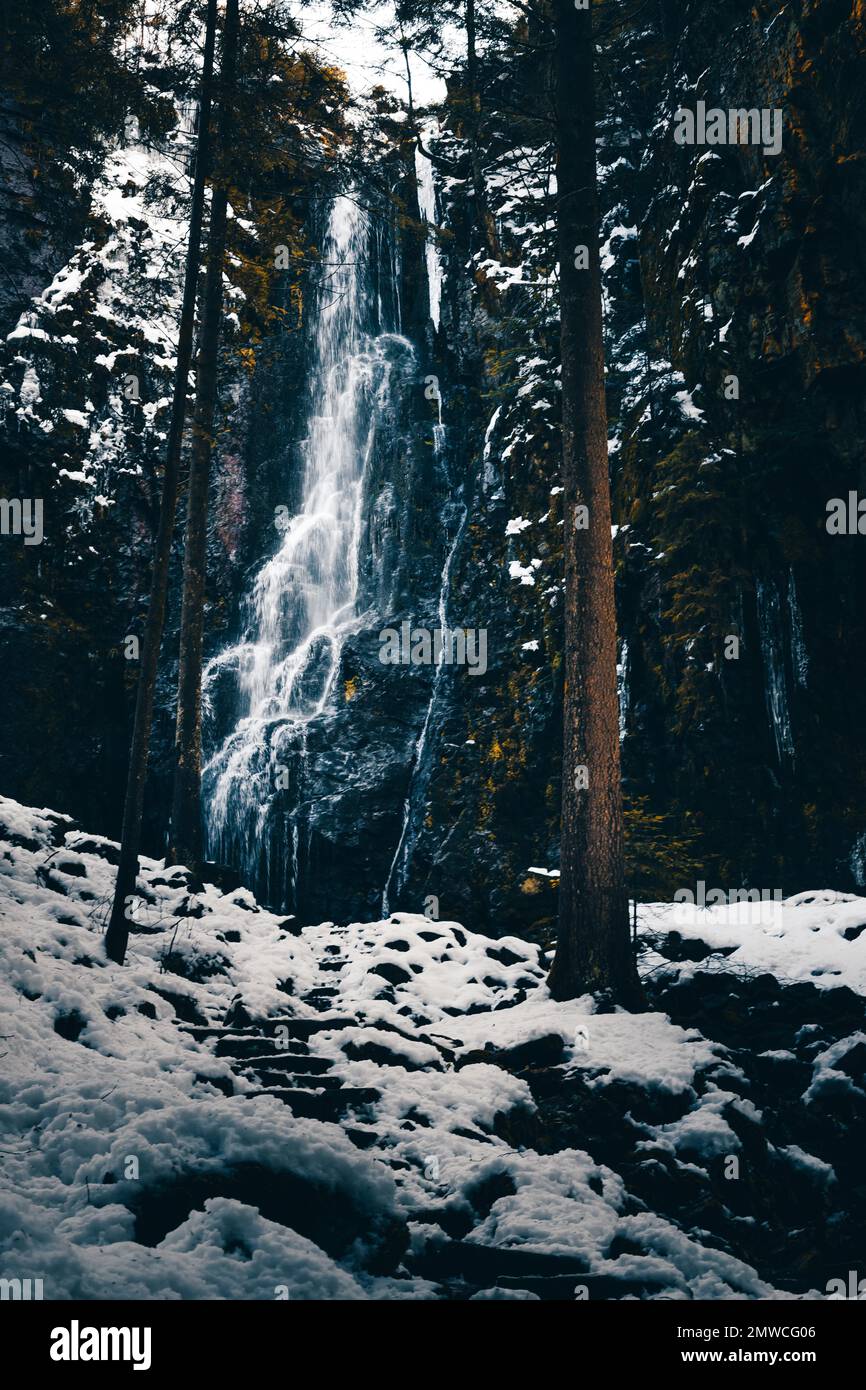 The Burgbach waterfall in winter with snow and ice, sight in Bad Rippoldsau-Schapbach, Baden-Wuerttemberg Stock Photo