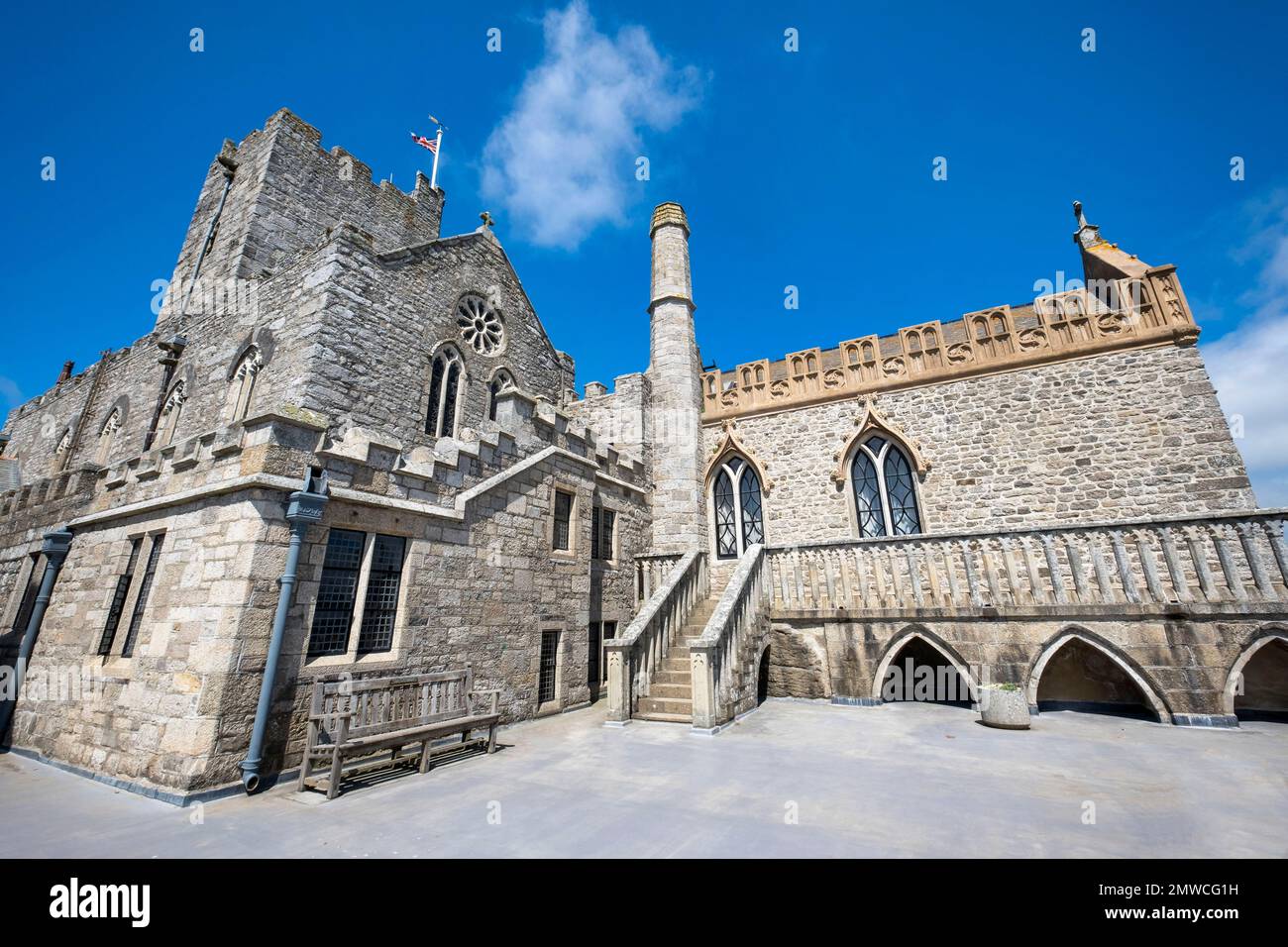 The courtyard and church inside the castle on the island of Saint Michael's Mount, Cornwall, England Stock Photo