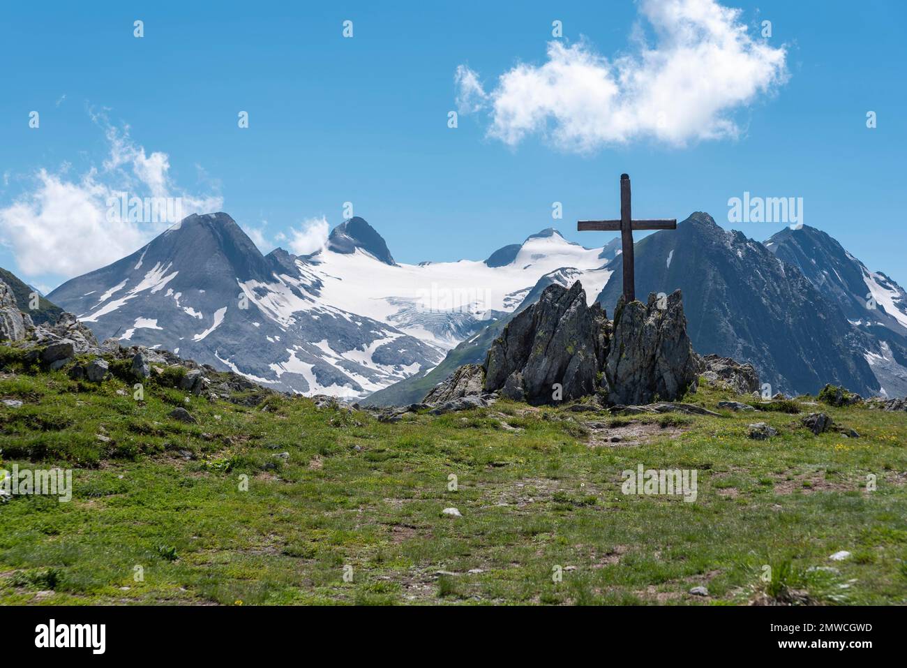 Nufenen Cross in Alpine Landscape near Nufenen Pass, Ulrichen, Valais, Switzerland Stock Photo