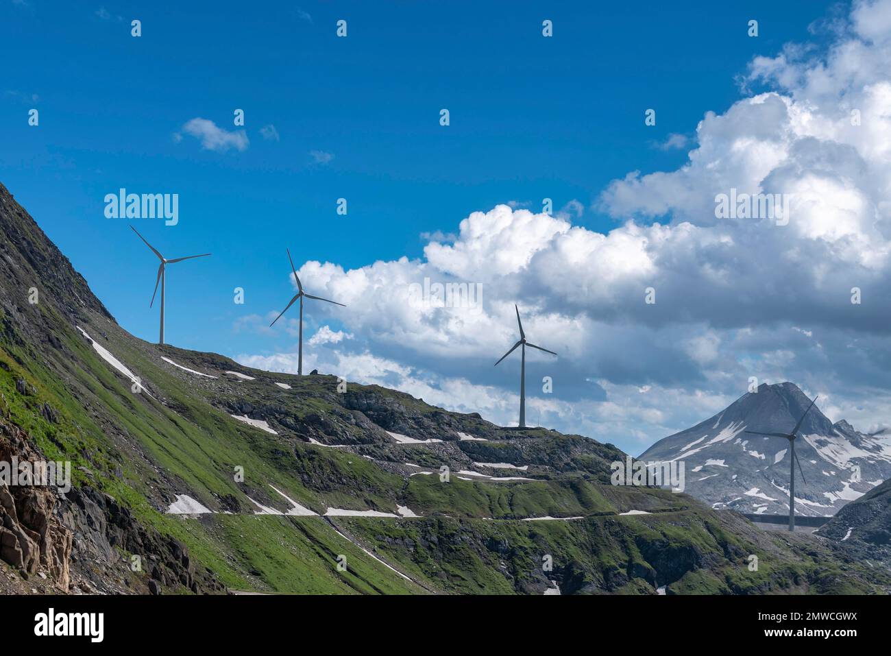 Wind turbine below Lake Gri near the Nufenen Pass, Ulrichen, Valais, Switzerland Stock Photo