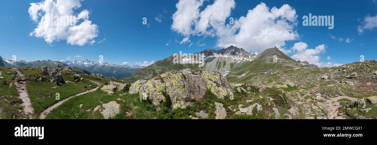 Alpine panorama near the Nufenen Pass with the mountains Ritzhoerner, Distelgrad, Finsteraarhorn, Pizzo Gallina and Chilchhorn, Ulrichen, Valais Stock Photo