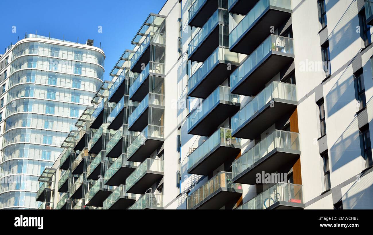 Image showcasing New apartment building with glass balconies. Modern architecture houses ...