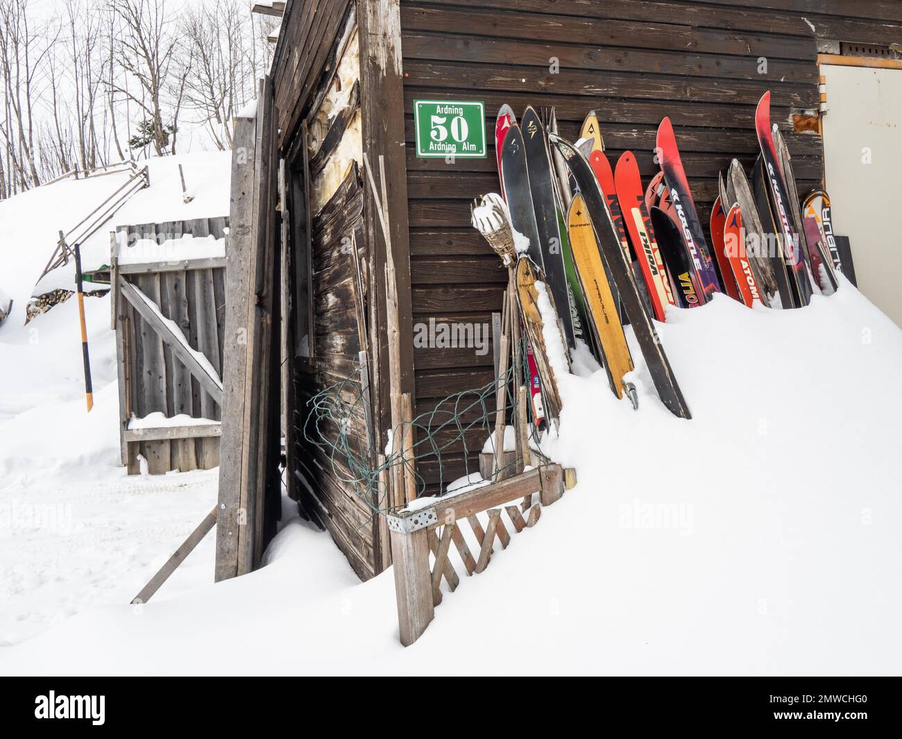 Old skis in the snow at the Ardning Alm Hut, Ennstal, Styria, Austria Stock Photo