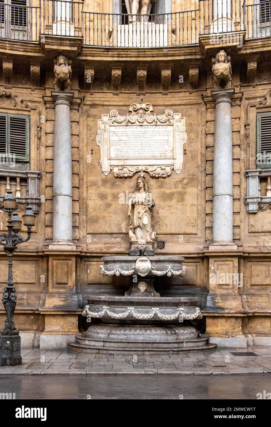 Fountain representing winter season at Quattro Canti, Palermo, Sicily, Italy Stock Photo