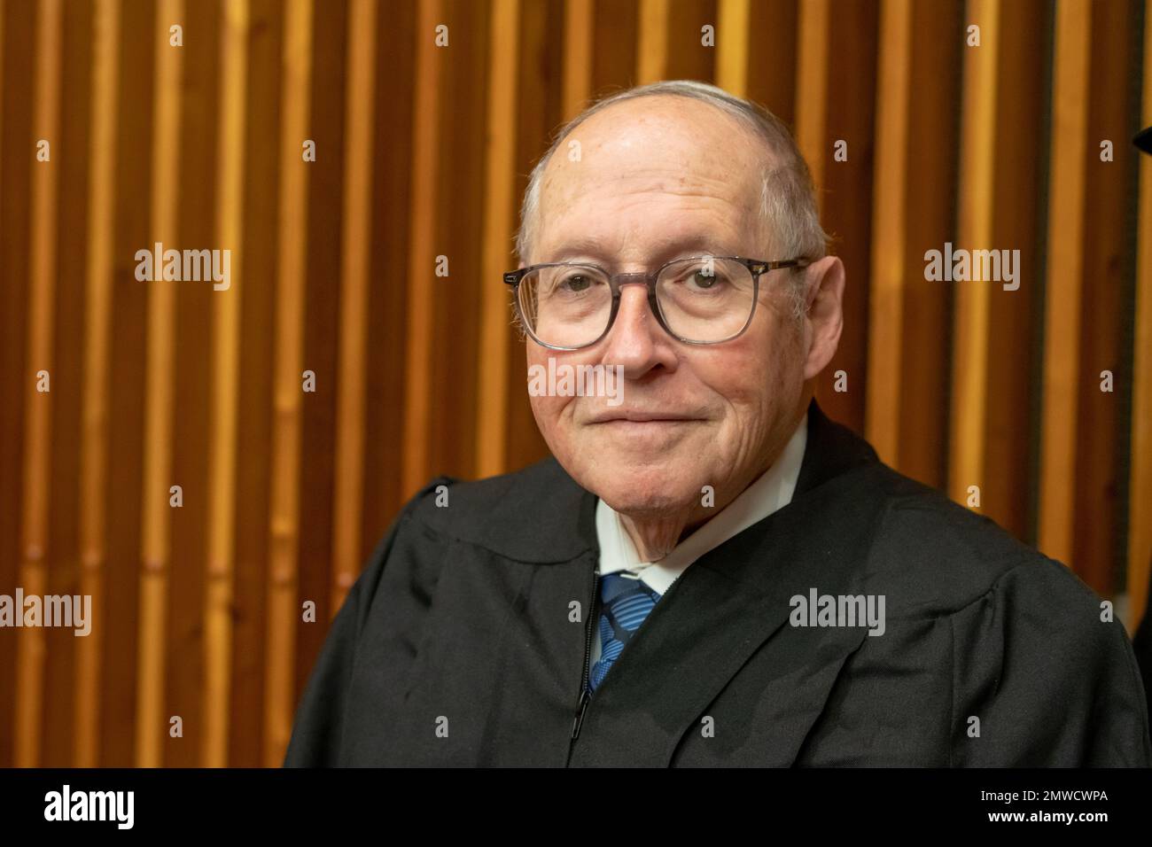 New York, New York, USA. 3rd Mar, 2023. (NEW) International Mock Trial on Human Rights. January 31, 2023, New York, New York, USA: Honorable Judge Elyakim Rubinstein, Former Vice President of the Israeli Supreme Court, attends a special event International Mock Trial on Human Rights on the occasion of the International Day of Commemoration in Memory of the Victims of the Holocaust (27 Jan) at the New York United Nations Headquarters on January 31, 2023 in New York City. The participants, student from several countries, interrogate the actions and responsibilities of Ernst R  din, the Stock Photo
