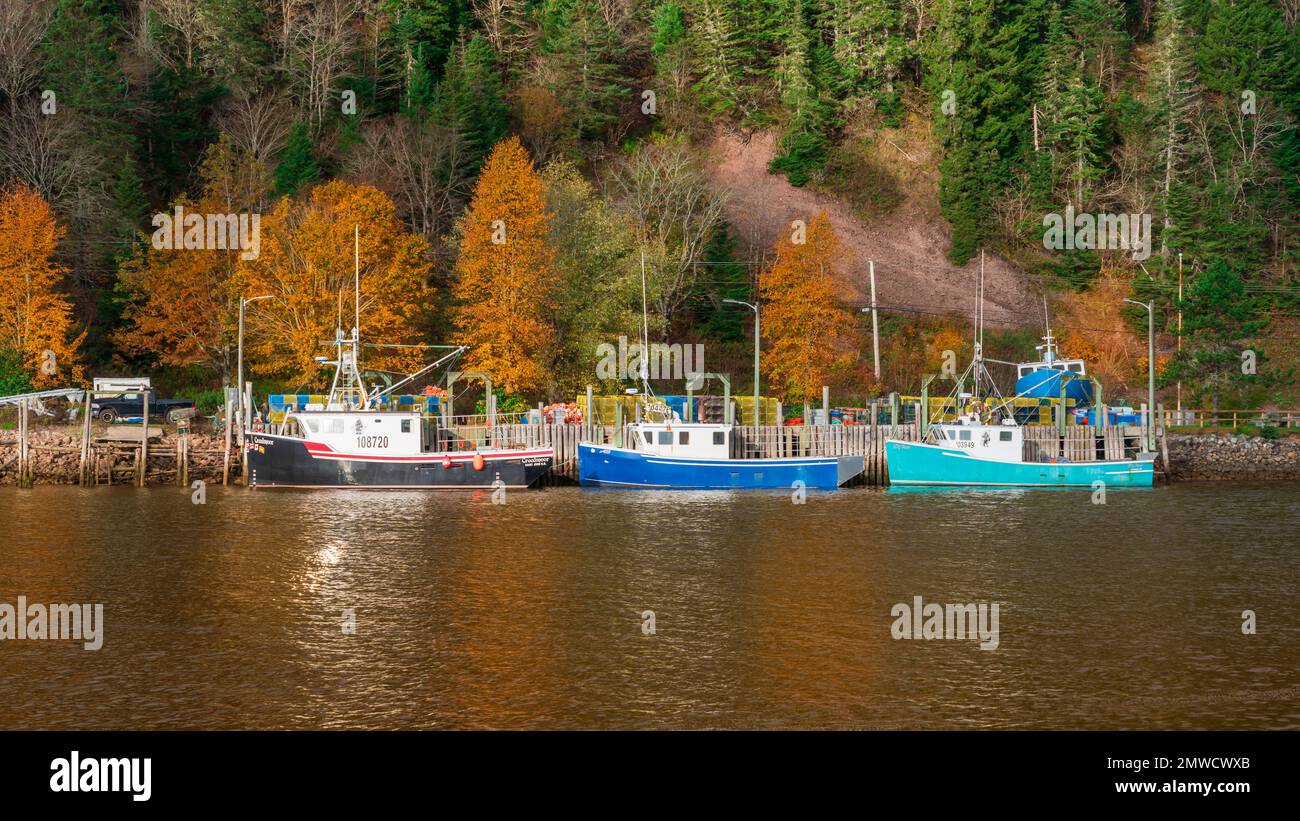 Fishing boats with fall foliage in St. Martins, New Brunswick, Canada