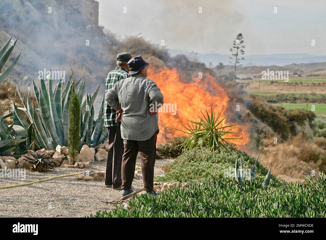 Old couple observes bush fire in Mediterranean garden, fire hazard, Grima, Andalucia, Spain Stock Photo